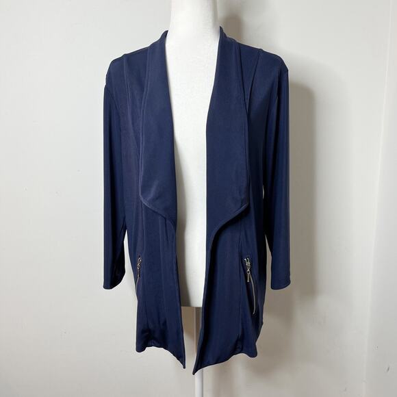 Easywear Chico's Women's Open Front Jacket L Navy Blue Zipper Pockets Shawl Neck - Picture 3 of 10